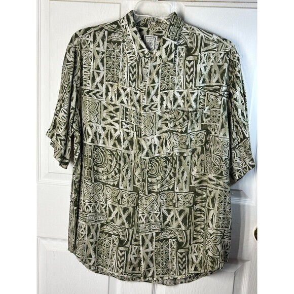 Roundtree and Yorke Shirt Men's XL Olive Green Rayon Geo Button-Up Short Sleeve - Picture 1 of 6